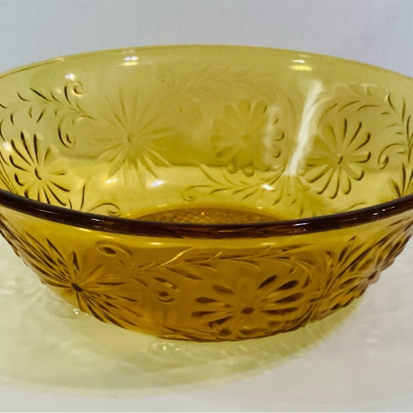 Vintage Amber Glass Serving Bowl Floral & Sunburst Design - Picture 1 of 6